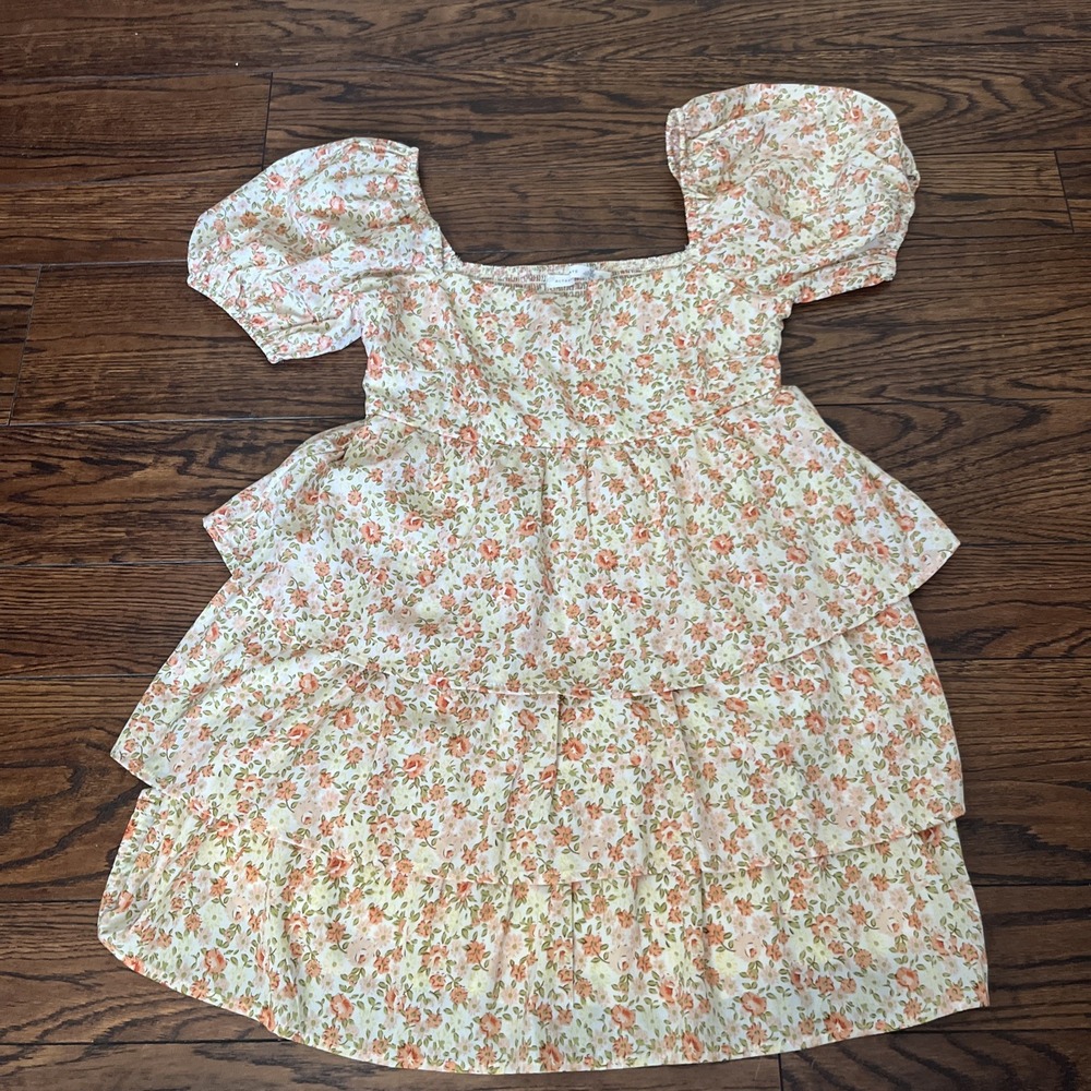 Altar'd State Mini Floral Dress Womens S Orange Coral White Lined Ruffle Puff
